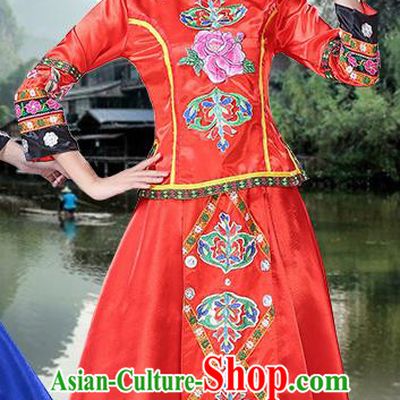 China Yunnan Minority Folk Dance Outfits Ethnic Performance Red Dress Zhuang Nationality Clothing and Hat