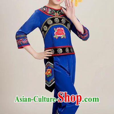 Chinese Zhuang Nationality Children Performance Costumes Guangxi Ethnic Folk Dance Royalblue Blouse and Pants Outfits