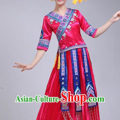 China Minority Performance Rosy Dress Zhuang Nationality Clothing Guangxi Ethnic Dance Outfits
