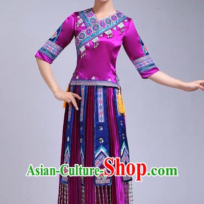 China Guangxi Ethnic Dance Outfits Minority Performance Purple Dress Zhuang Nationality Clothing