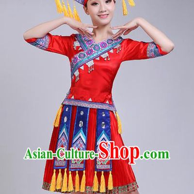 China Zhuang Nationality Woman Clothing Ethnic Folk Dance Outfits Guangxi Minority Performance Red Short Dress