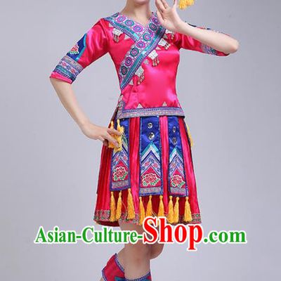 China Guangxi Minority Performance Rosy Short Dress Zhuang Nationality Woman Clothing Ethnic Folk Dance Outfits