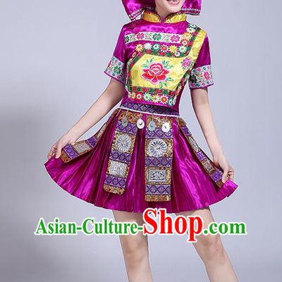 China Zhuang Ethnic Performance Outfits Tujia Minority Purple Dress Guangxi Nationality Folk Dance Clothing