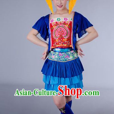 China Tujia Minority Blue Short Dress Guangxi Nationality Folk Dance Clothing Zhuang Ethnic Performance Outfits