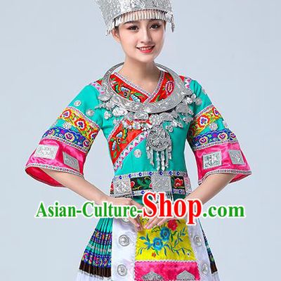 China Miao Nationality Folk Dance Clothing Hmong Ethnic Performance Outfits Yunnan Minority Green Short Dress