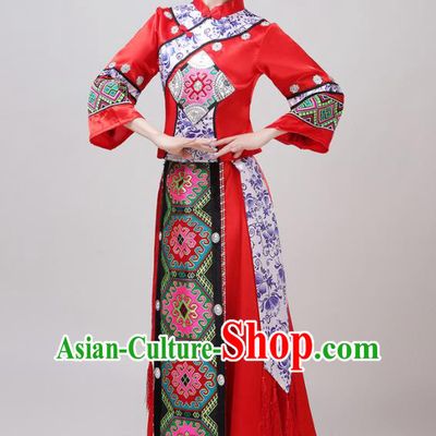 China Yunnan Ethnic Performance Outfits Yao Minority Woman Red Dress Tujia Nationality Folk Dance Clothing