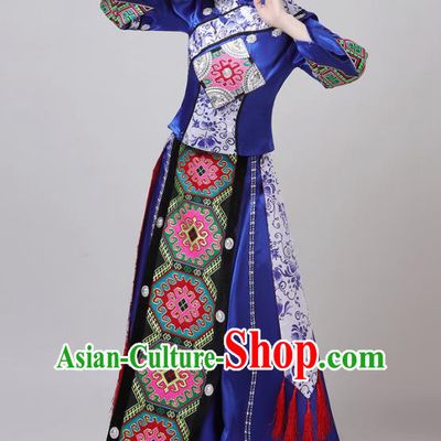 China Tujia Nationality Folk Dance Clothing Yunnan Ethnic Performance Outfits Yao Minority Woman Royalblue Dress