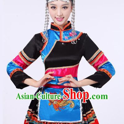 China She Nationality Folk Dance Clothing Yunnan Ethnic Performance Outfits Yao Minority Dress and Hair Accessories