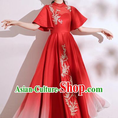 China Chorus Group Performance Costumes Annual Meeting Compere Clothing Stage Show Red Satin Full Dress