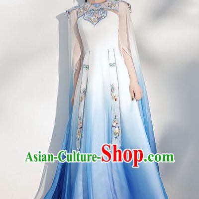 China Annual Meeting Catwalks Clothing Stage Show Embroidered Royalblue Full Dress Zither Performance Costume