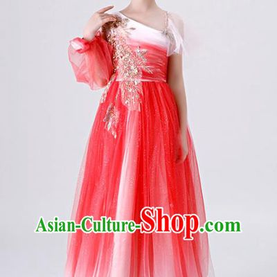 Top Grade Catwalks Red Veil Full Dress Children Day Stage Show Costume Girl Princess Fashion