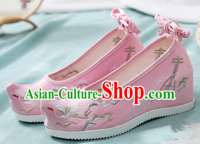 China Handmade Wedge Shoes Embroidered Cloud Crane Shoes Traditional Pink Cloth Shoes China Handmade Wedge Shoes Embroidered Cloud Crane Shoes Traditional Pink Cloth Shoes
