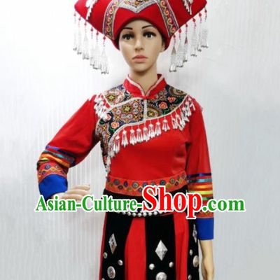 China Zhuang Nationality Wedding Costumes Ethnic Folk Dance Clothing Stage Performance Red Dress and Hat