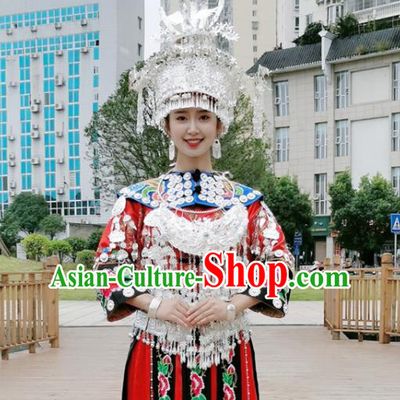 China Miao Nationality Bride Clothing Xiangxi Minority Folk Dance Costumes Ethnic Wedding Red Dress and Jewelry Accessories