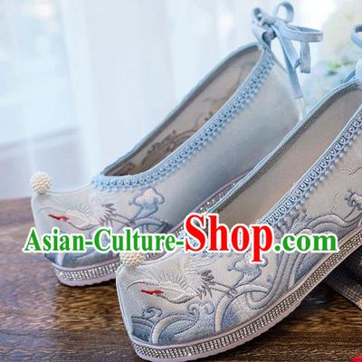 China Handmade Hanfu Blue Shoes Traditional Ming Dynasty Princess Shoes Embroidered Crane Shoes