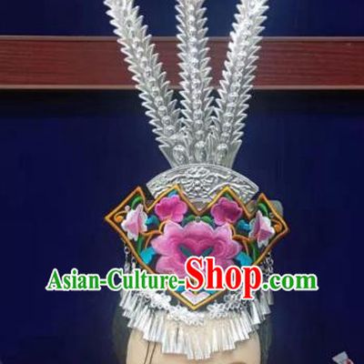 Chinese Hmong Ethnic Folk Dance Hair Accessories Traditional Miao Nationality Performance Silver Hair Crown