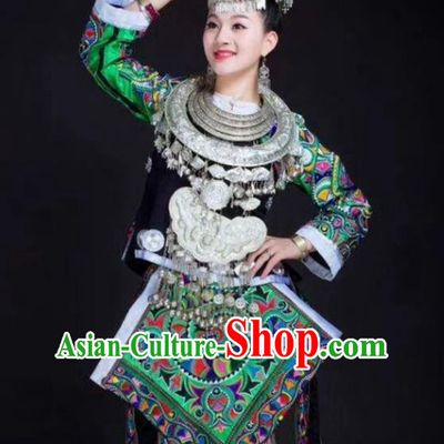 China Tujia Nationality Clothing Xiangxi Minority Folk Dance Black Outfits Ethnic Female Performance Dress and Silver Jewelry