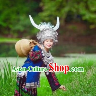 China Miao Nationality Country Woman Clothing Xiangxi Minority Blue Outfits Ethnic Folk Dance Dress and Headwear