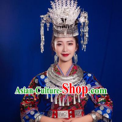 China Ethnic Folk Dance Dress Miao Nationality Wedding Clothing Xiangxi Hmong Minority Blue Outfits and Hair Accessories