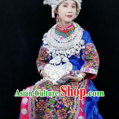 China Miao Nationality Wedding Clothing Xiangxi Hmong Minority Holiday Blue Outfits Ethnic Performance Dress and Headdress