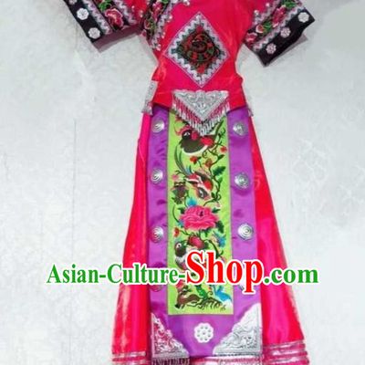 China Guizhou Minority Folk Dance Rosy Outfits Tujia Ethnic Performance Dress Miao Nationality Female Clothing