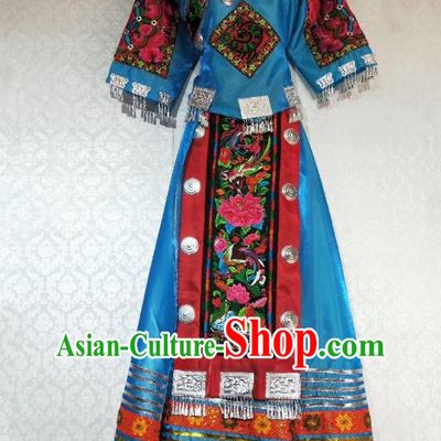 China Miao Nationality Clothing Guizhou Tujia Minority Stage Performance Outfits Ethnic Folk Dance Blue Dress