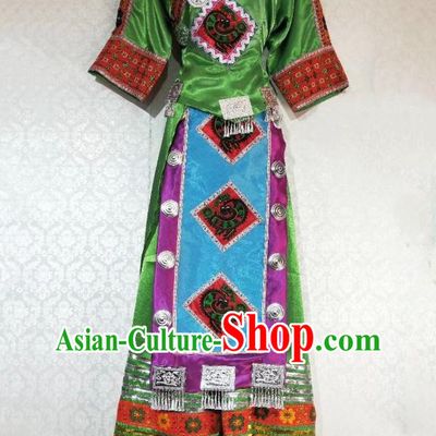 China Ethnic Folk Dance Green Dress Miao Nationality Clothing Guizhou Tujia Minority Woman Outfits