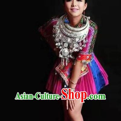 China Yao Minority Folk Dance Purple Outfits Ethnic Young Lady Dress Guizhou Nationality Performance Clothing and Hair Accessories
