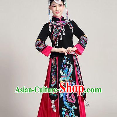 China Yao Nationality Clothing She Minority Folk Dance Outfits Ethnic Stage Performance Rosy Dress and Hat