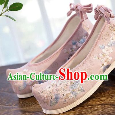 China Handmade Diamante Hanfu Shoes Traditional Folk Dance Pink Cloth Shoes Embroidered Peach Blossom Shoes