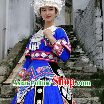 China Xiangxi Minority Stage Performance Costumes Ethnic Folk Dance Royalblue Dress Miao Nationality Clothing and Hat