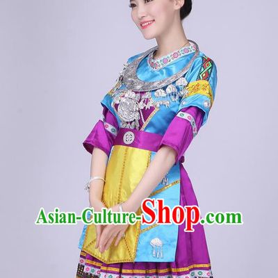 China Xiangxi Ethnic Performance Outfits Yao Minority Blue Dress Tujia Nationality Folk Dance Clothing and Hair Accessories