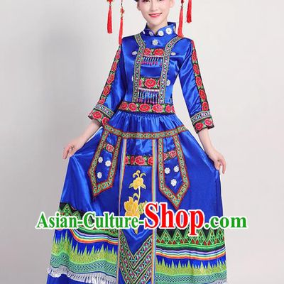 China Yunnan Ethnic Performance Royalblue Outfits Yao Minority Folk Dance Dress Zhuang Nationality Clothing and Headwear
