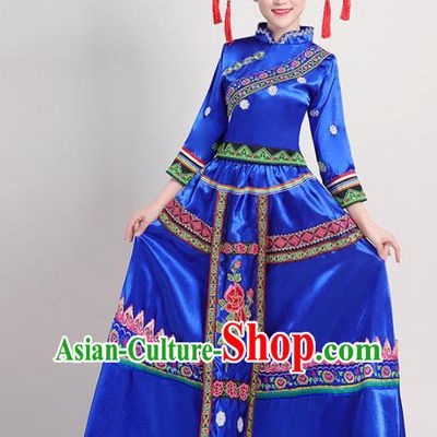 China Zhuang Nationality Female Clothing Guangxi Ethnic Performance Royalblue Outfits Minority Folk Dance Dress and Headdress