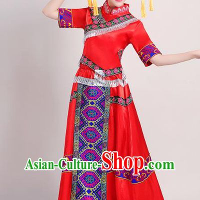 China Guangxi Ethnic Performance Red Outfits Tujia Minority Folk Dance Dress Zhuang Nationality Female Clothing and Headwear