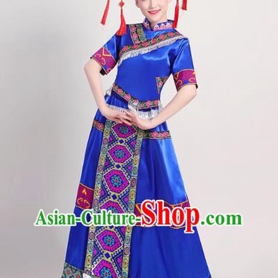 China Zhuang Nationality Female Clothing Guangxi Ethnic Performance Royalblue Outfits Tujia Minority Folk Dance Dress and Headwear