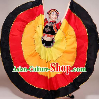 China Guangxi Ethnic Performance Outfits Minority Torch Festival Dress Yi Nationality Folk Dance Costumes and Headwear