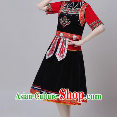 China Zhuang Nationality Folk Dance Costumes Traditional Yi Minority Ethnic Torch Festival Black Dress