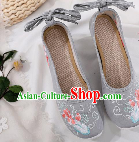 China Traditional Embroidered Lotus Grey Shoes Handmade Cloth Platform Shoes China Traditional Embroidered Lotus Grey Shoes Handmade Cloth Platform Shoes