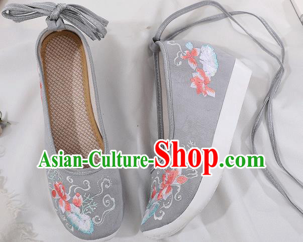 China Traditional Embroidered Lotus Grey Shoes Handmade Cloth Platform Shoes China Traditional Embroidered Lotus Grey Shoes Handmade Cloth Platform Shoes