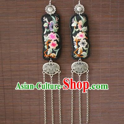 China Traditional Miao Nationality Embroidered Earrings National Cheongsam Silver Tassel Ear Accessories