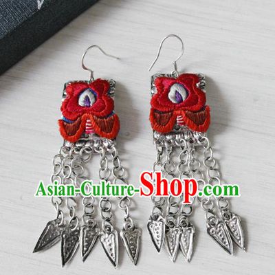 China National Embroidered Red Earrings Traditional Cheongsam Silver Tassel Ear Accessories