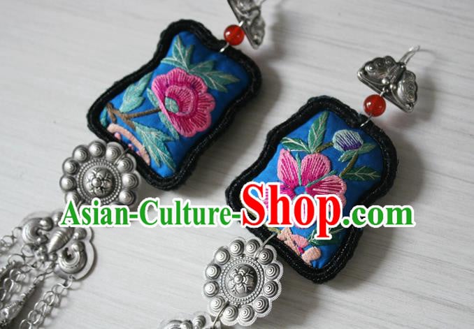 China Traditional Cheongsam Embroidered Ear Jewelry National Guizhou Miao Silver Bells Tassel Earrings