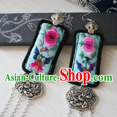China Traditional Cheongsam Embroidered Green Ear Jewelry Guizhou Miao Silver Carving Lotus Fish Earrings