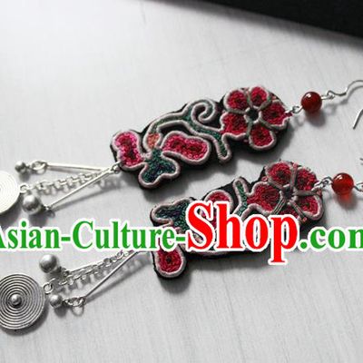 China Guizhou Ethnic Miao Silver Earrings Traditional Cheongsam Embroidered Ear Accessories