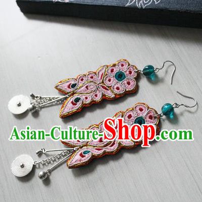 China Ethnic Woman Silver Earrings Traditional Cheongsam Embroidered Butterfly Flower Ear Accessories