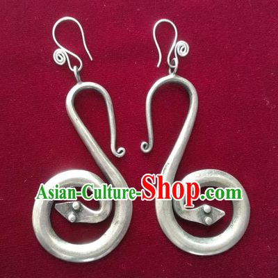 China Guizhou Ethnic Woman Silver Snake Earrings Traditional Miao Nationality Dance Ear Accessories