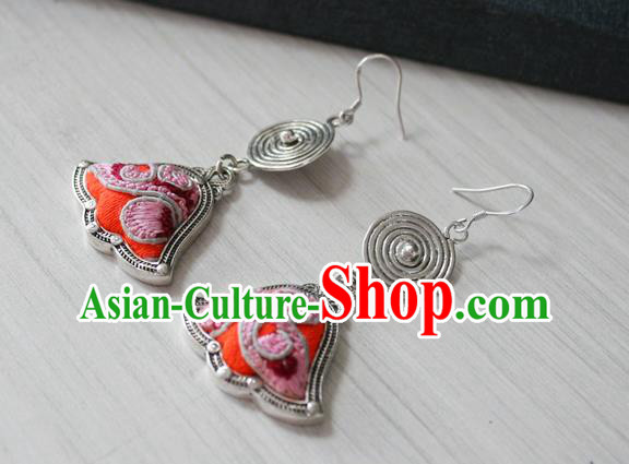 China Guizhou Hmong Ethnic Silver Earrings Traditional Miao Nationality Embroidered Ear Accessories China Guizhou Hmong Ethnic Silver Earrings Traditional Miao Nationality Embroidered Ear Accessories