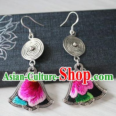 China Traditional Miao Nationality Embroidered Ear Accessories Guizhou Hmong Ethnic Folk Dance Silver Earrings