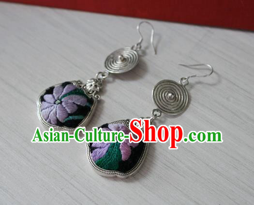 China Traditional Miao Nationality Embroidered Ear Accessories Handmade Guizhou Hmong Ethnic Silver Earrings China Traditional Miao Nationality Embroidered Ear Accessories Handmade Guizhou Hmong Ethnic Silver Earrings